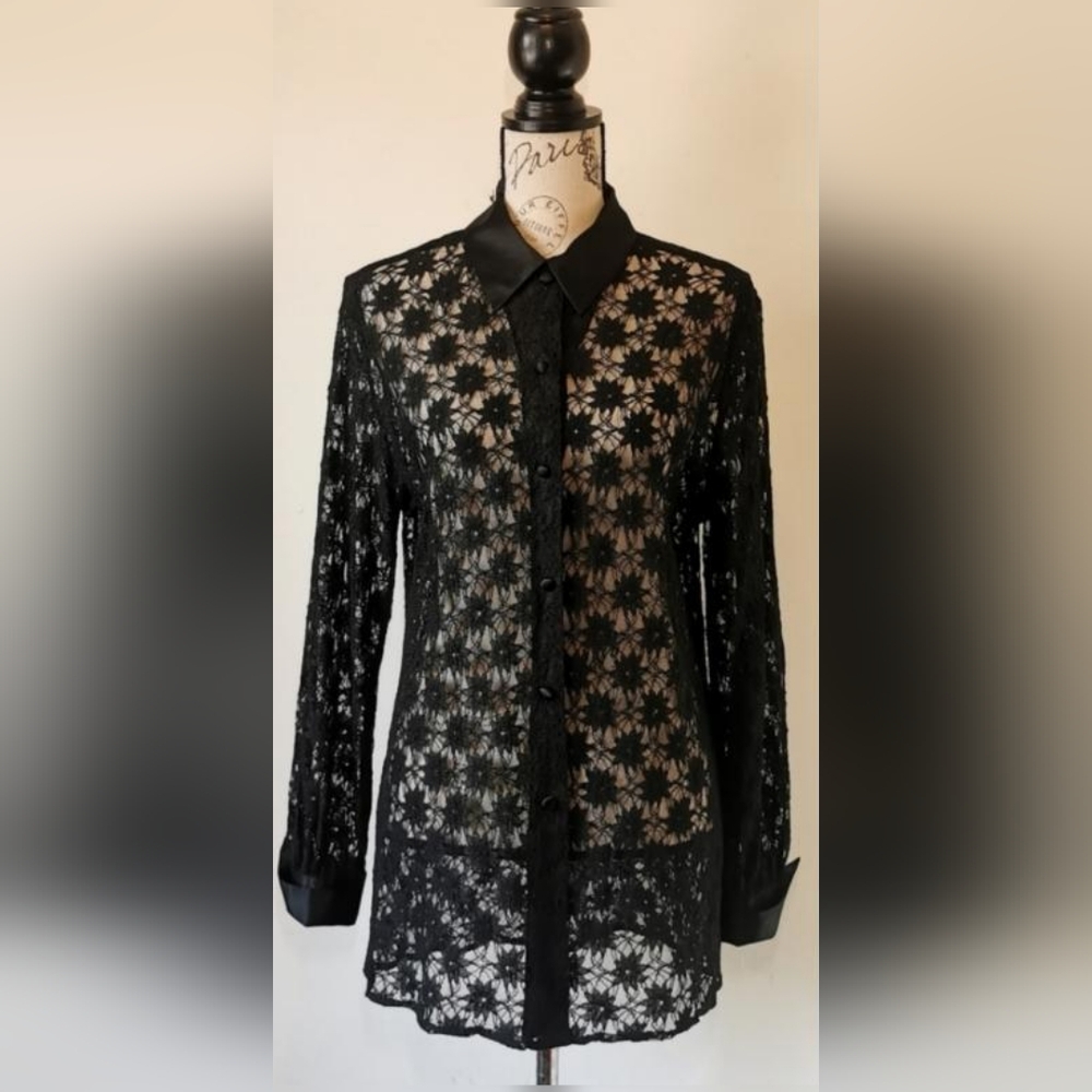 Liz Claiborne Chic Black Lace Button-Up Blouse